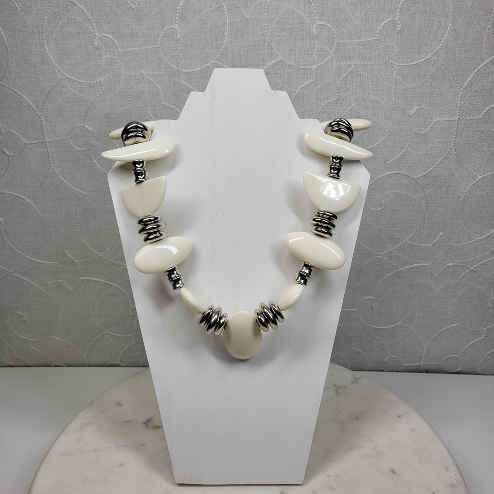 Chico's Statement Necklace White Silver Chunky Beads Snake Chain Modern